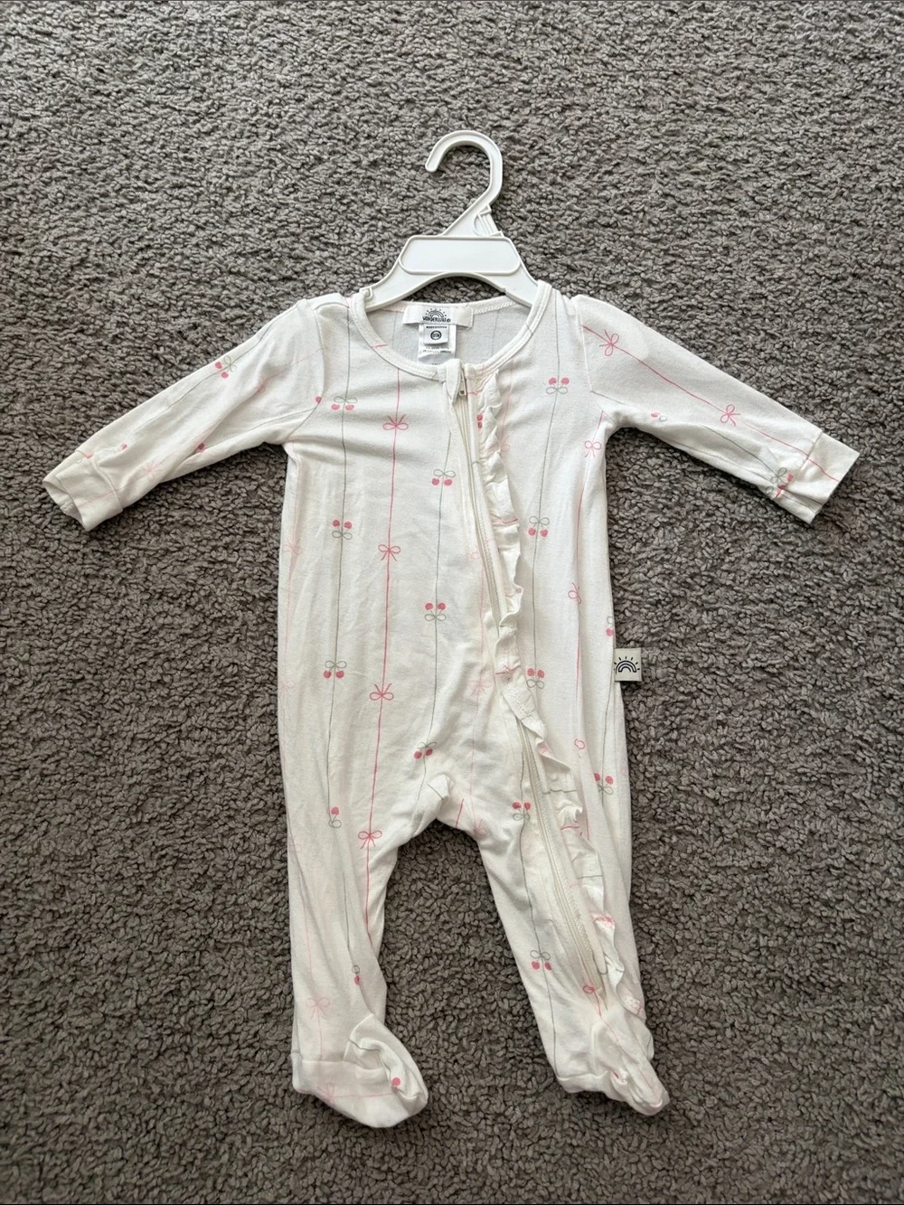 Cream Footed One-Piece with Pink Cherry Print and Ruffle Trim